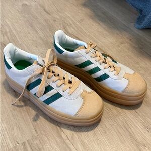 adidas White Sneakers with Green Stripes and Tan Platform